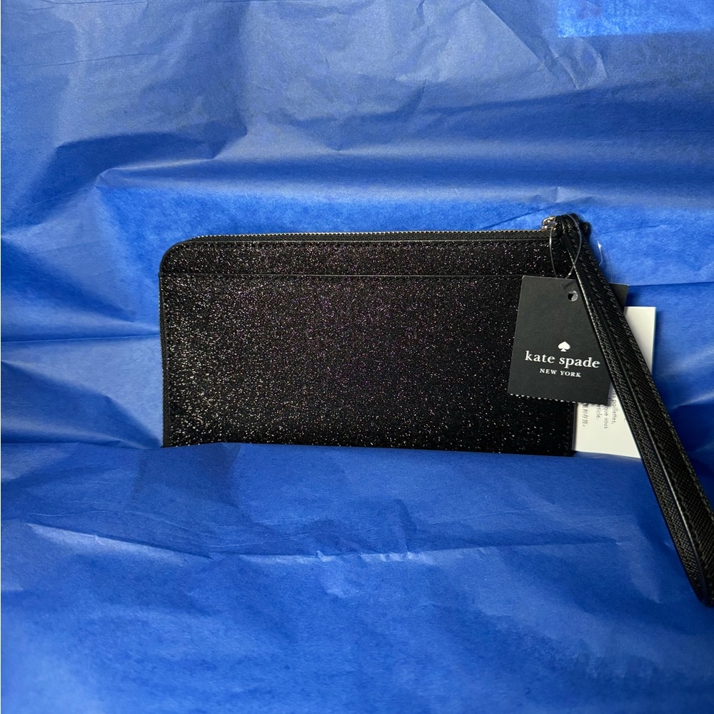 Kate Spade Lucy Black Glitter Medium L-zip Wristlet - Picture 2 of 2